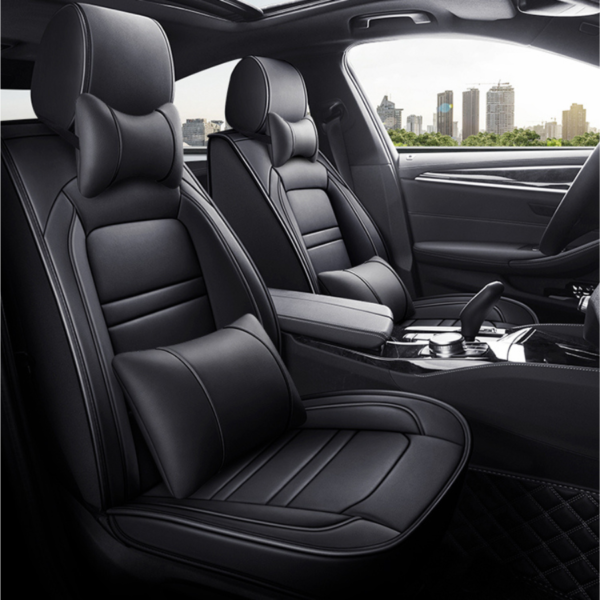 Black Car Seat Covers 5 Seat Cover Waterproof PU Leather Faux Front Rear Seat Covers Full Set Accessories with Pillow, - Image 3