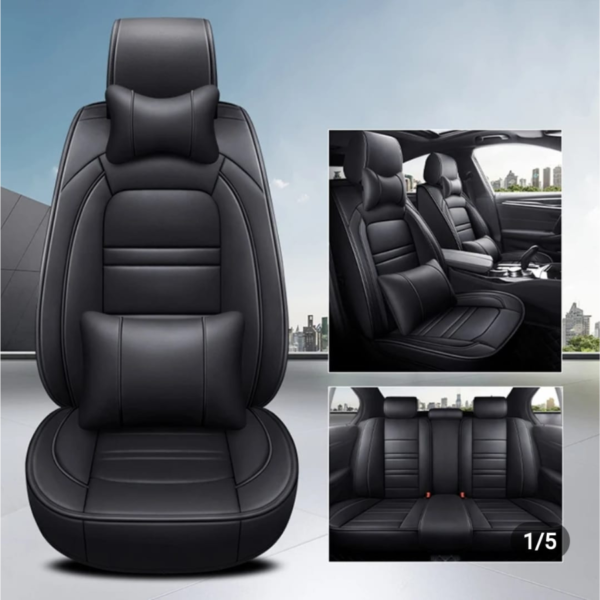 Black Car Seat Covers 5 Seat Cover Waterproof PU Leather Faux Front Rear Seat Covers Full Set Accessories with Pillow, - Image 2