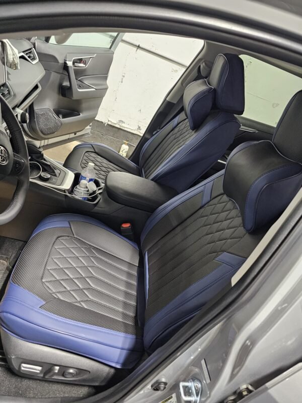 Car Seat Covers Seats Waterproof Napa Leather & Rear Seat Cover Accessories, Automotive Vehicle Auto Interior Covers(Dark Blue & Black, Full Set) - Image 3