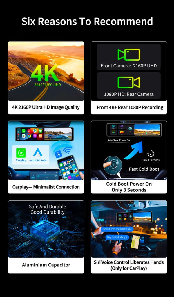 12" Mirror Dash Cam with Wireless Carplay&Android Auto,4K Front Mirror Dash Cam with IPS Touchscreen,Support Night Vision,Voice Control,Parking Assistance,G-Sensor,24H Parking Monitor - Image 4