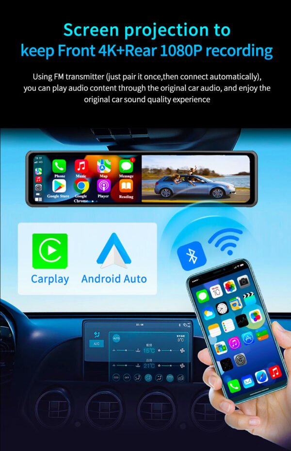 12" Mirror Dash Cam with Wireless Carplay&Android Auto,4K Front Mirror Dash Cam with IPS Touchscreen,Support Night Vision,Voice Control,Parking Assistance,G-Sensor,24H Parking Monitor - Image 19