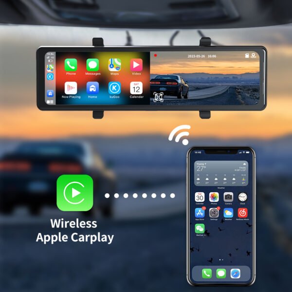 12" Mirror Dash Cam with Wireless Carplay&Android Auto,4K Front Mirror Dash Cam with IPS Touchscreen,Support Night Vision,Voice Control,Parking Assistance,G-Sensor,24H Parking Monitor